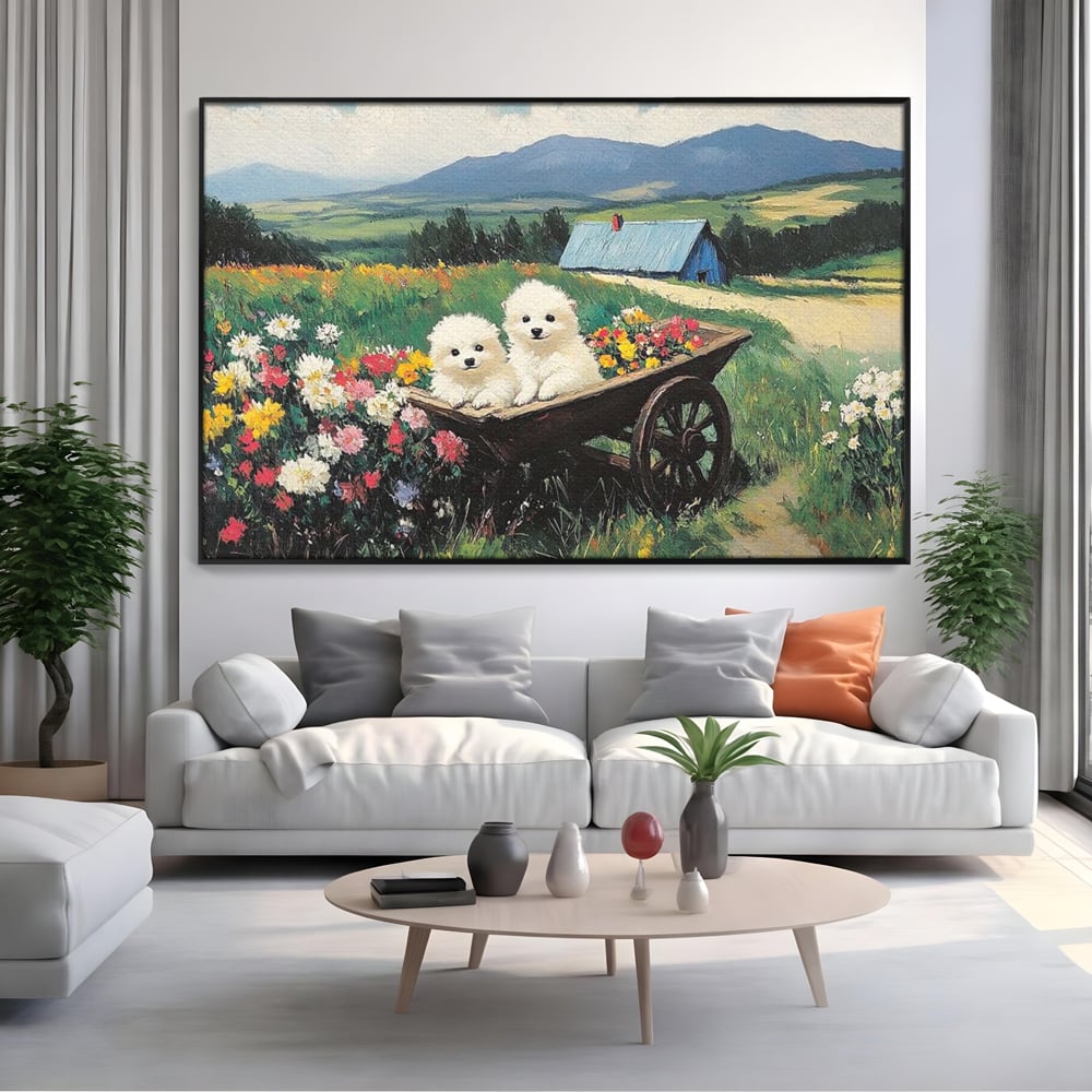 Tablou canvas cu tablou canvas cu catelusi intr-o roaba, in rama de aluminiu negru, pe perete intr-un living